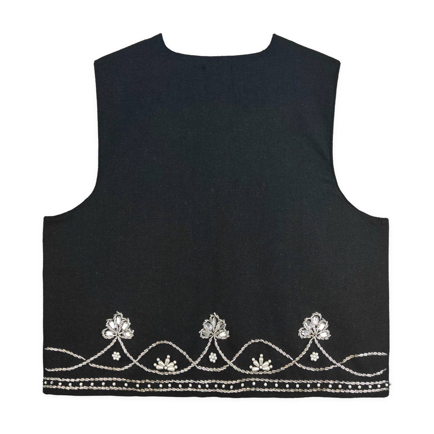 جلیقه لینن زنانه مشکی منجوق دوزی با گل نقره ای tji