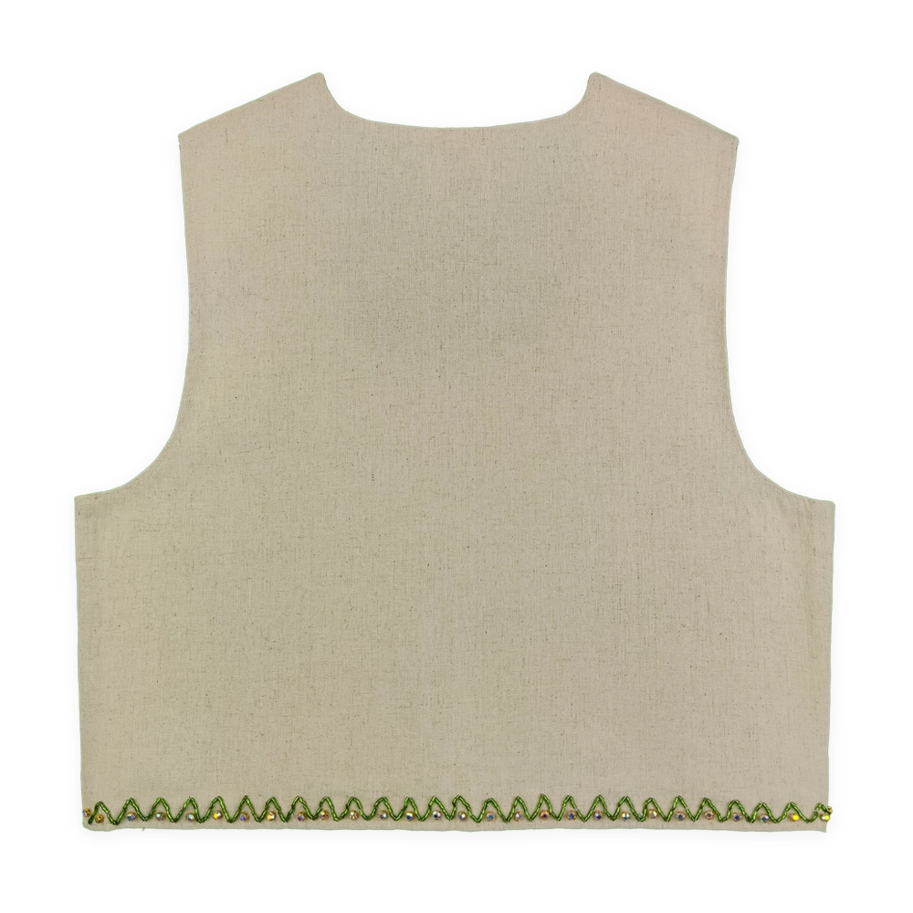 جلیقه لینن زنانه کرم منجوق دوزی 2 تاجی سبز نارنجی tji