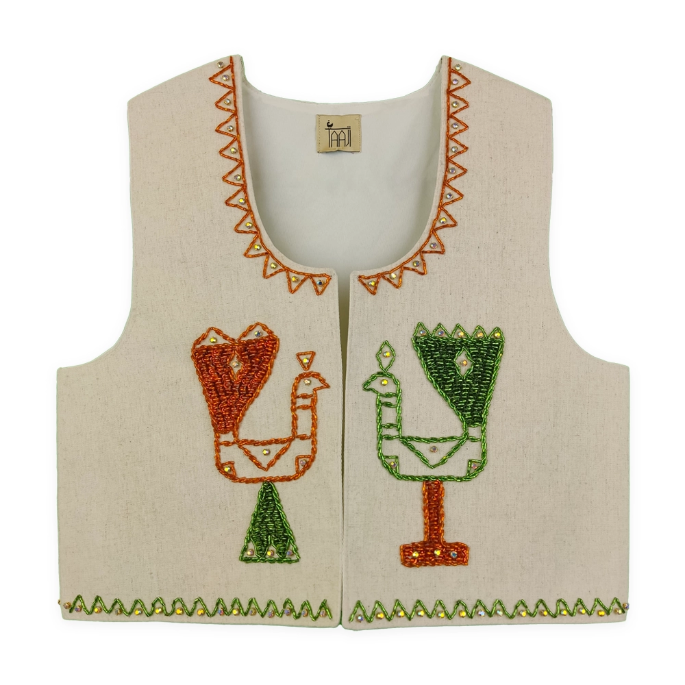 جلیقه لینن زنانه کرم منجوق دوزی 2 تاجی سبز نارنجی tji