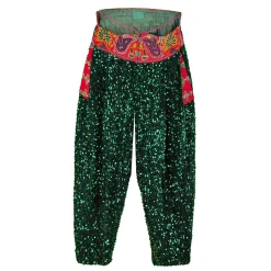 شلوار مخمل پولکی زنانه سبز خمره ای کمر پته elt 25511