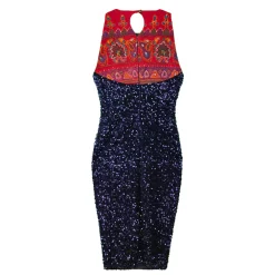 پیراهن مخمل پولکی زنانه سورمه ای یقه پته elt 2208