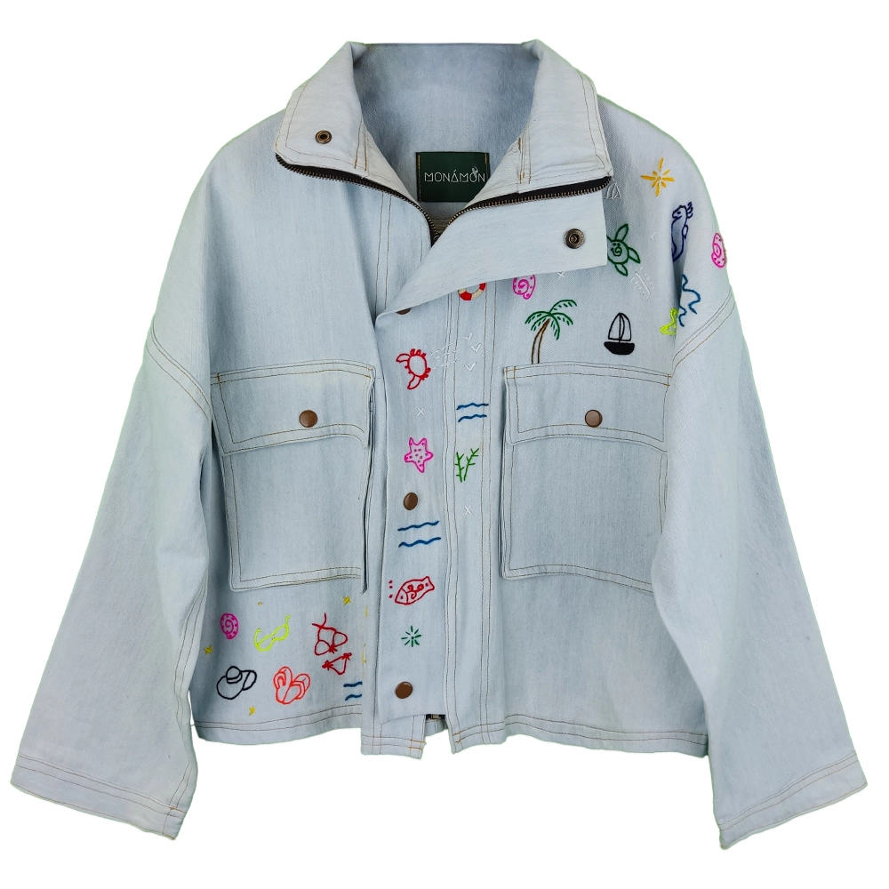 کاپشن جین زنانه زیپی آبی روشن mnm 25394