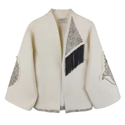 کت زنانه سفید با قلمکار سفید مشکی mnc 26037